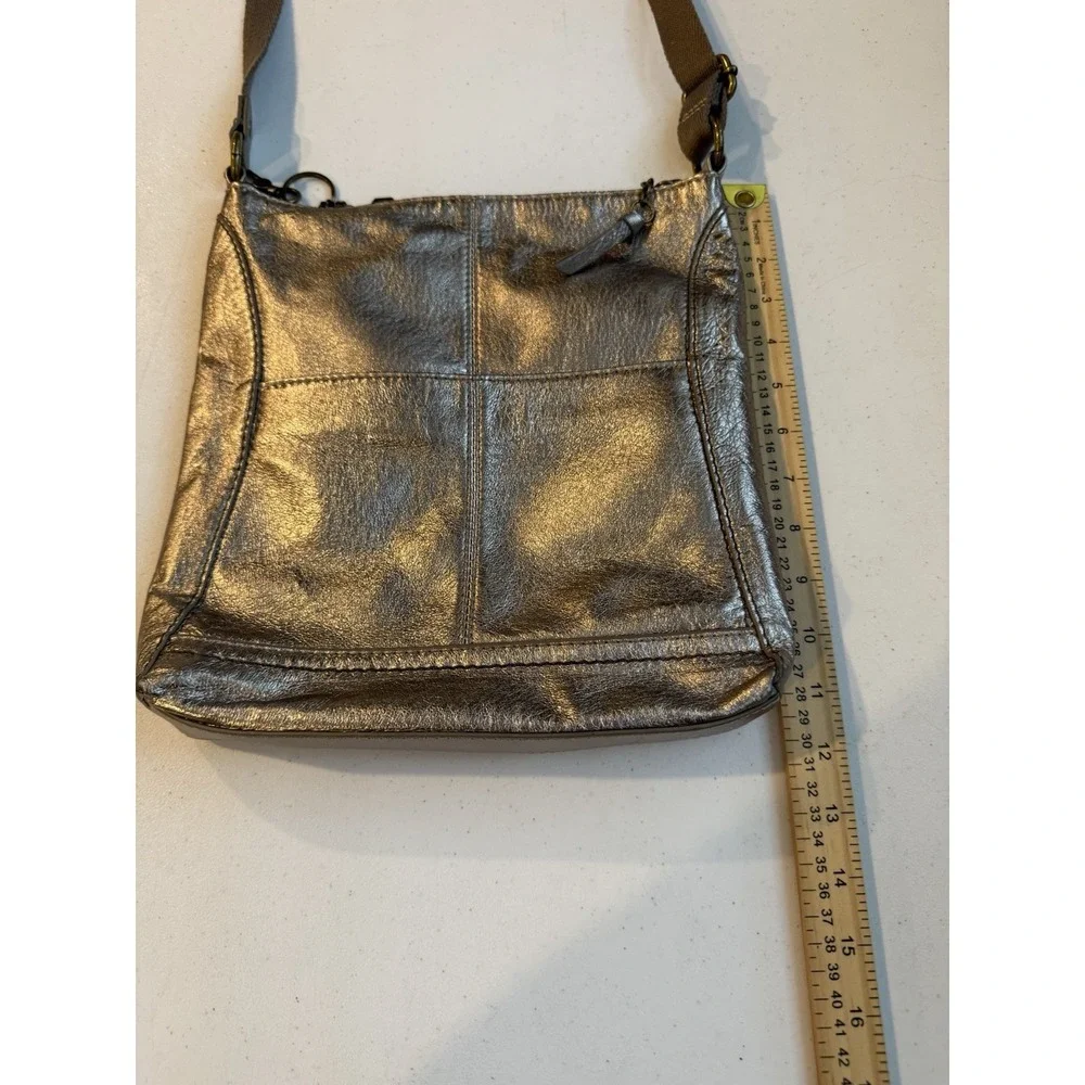 The Sak Metallic Pewter Leather Crossbody Bag Boho Charm Antiqued Brass Hardware